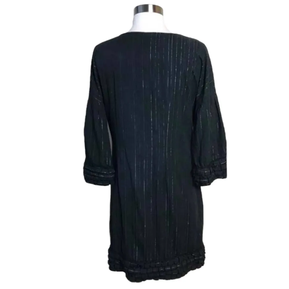 VERTIGO PARIS Black Dress Metallic Pinstripes 3/4 Sleeve Ruffle Round Neck Small - Image 8