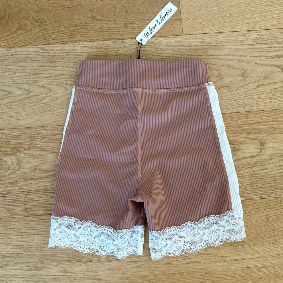 For Love & Lemons - Lace Trim Ribbed Bike Shorts in Brown & White - Image 4