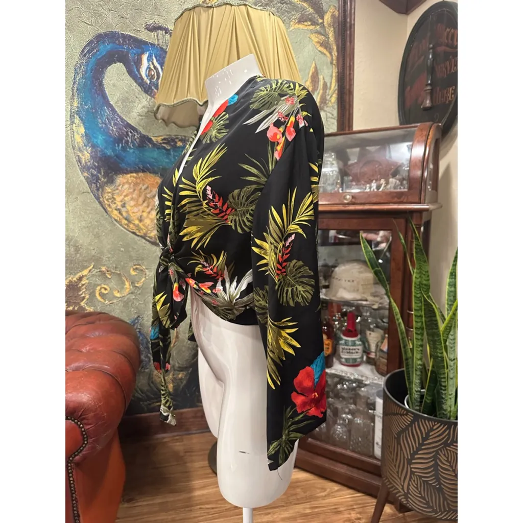 Miss Lili Tropical Floral Tie-Front Kimono Blouse Small Black Hibiscus Boho Wrap - Image 4