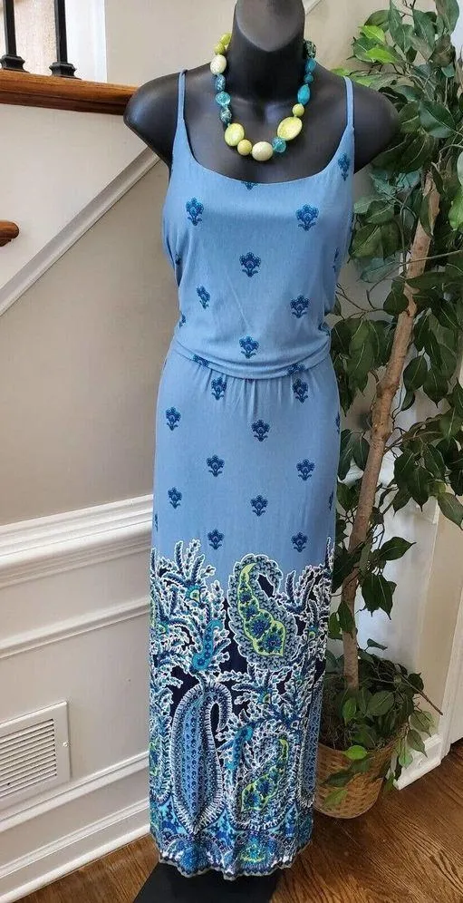 Cato Women's Blue Floral Rayon Square Neck Sleeveless Long Maxi Dress Size Large - Image 10