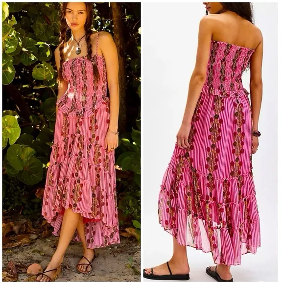 Free People ruched ruffle midi dress in hot pink combo, Size X-Small, $179 - Image 5