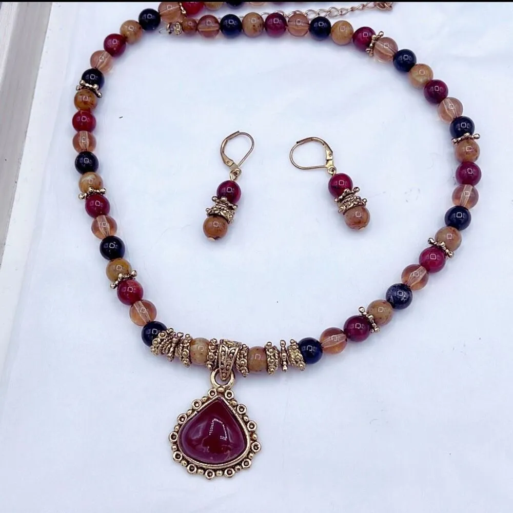 Semi precious stone glass metal necklace & earrings . - Image 2