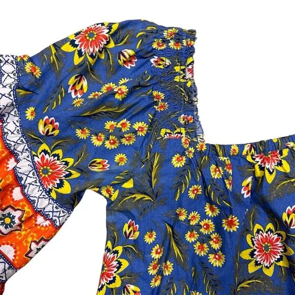 Joie Chloris Square Neck Dress‎ XS Baja Blue Orange Floral Peasant Summer Boho - Image 3