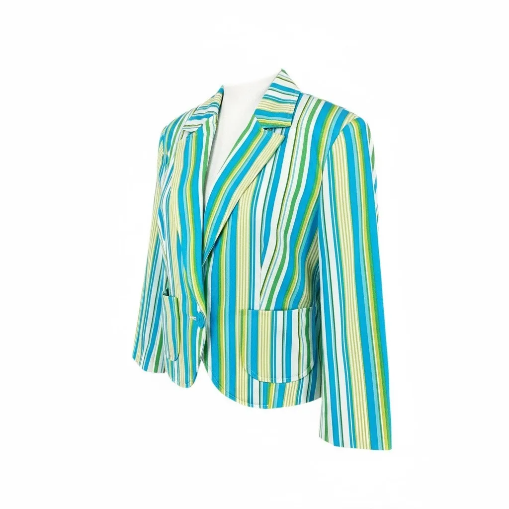 George Stretch Pinstripe Blazer Jacket Collared Blue Green Size 4 Button Pockets - Image 4