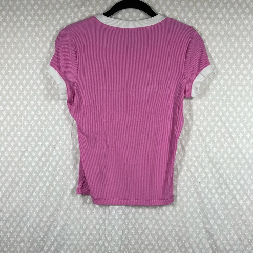 SKIMS  Pink White Ribbed Lounge‎ Ringer Tee - Image 6
