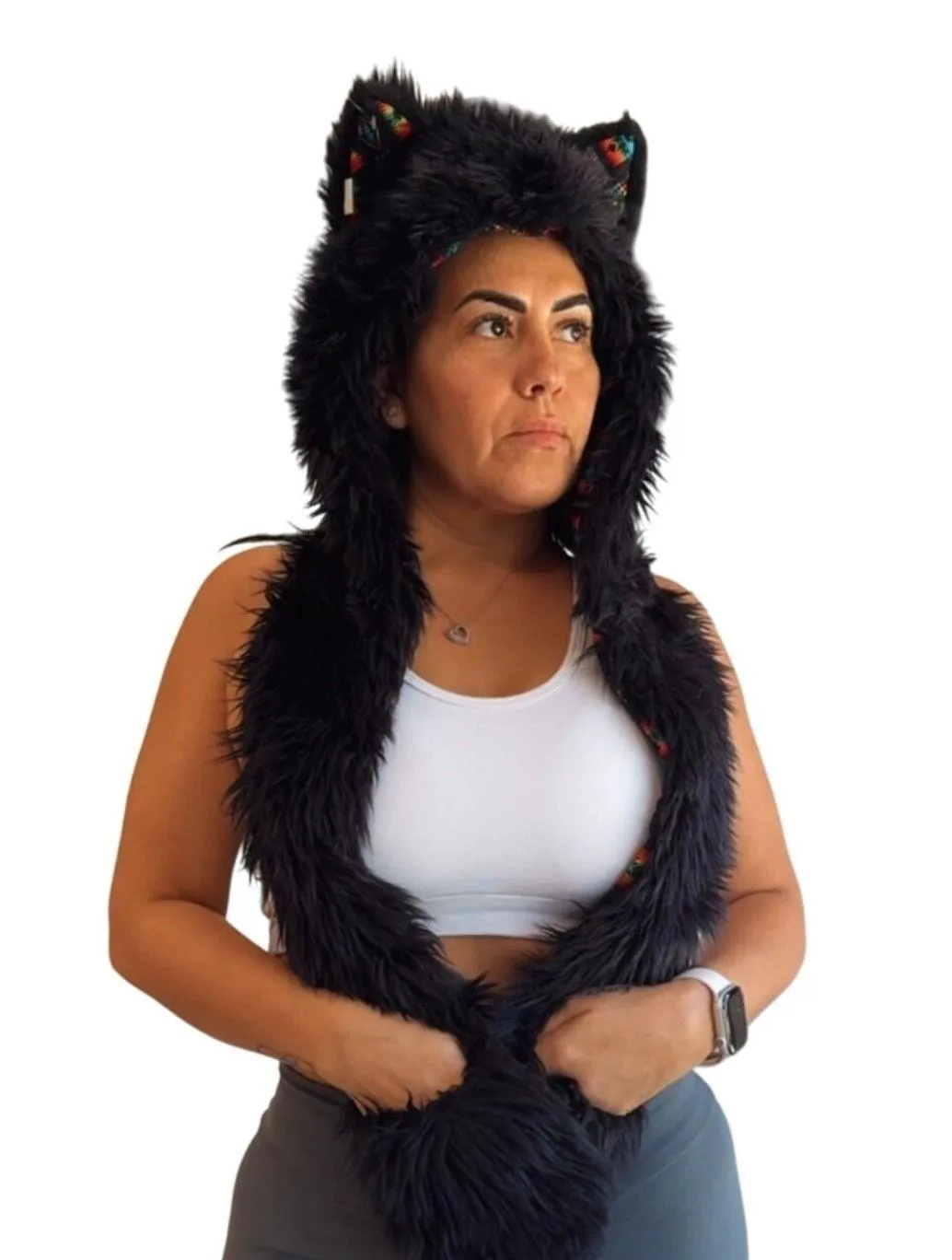 Spirithoods Black Wolf Faux Fur Hood Scarf Tribal Print Lined with Pockets - Image 3