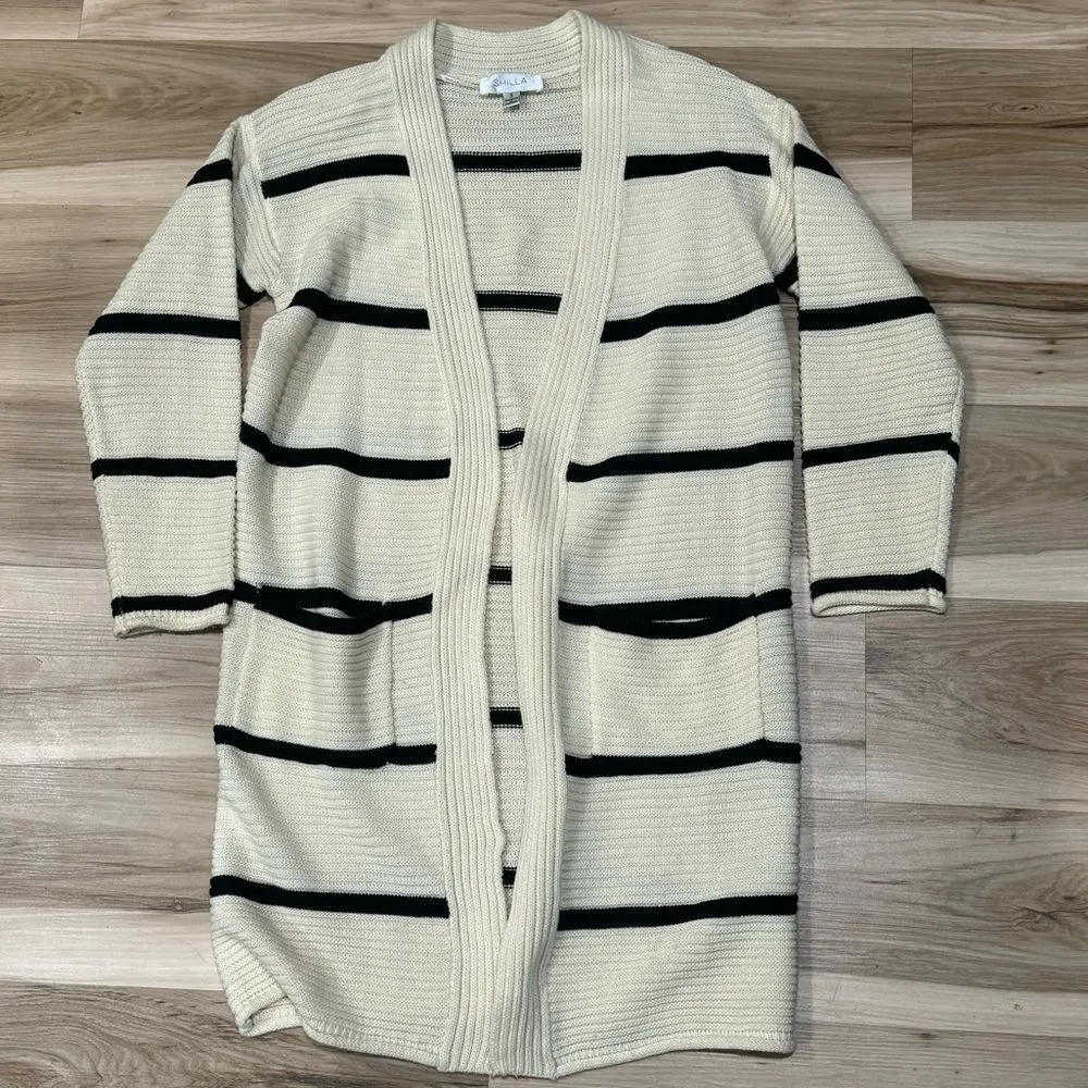 Shilla Striped Open Front Rib Knit Duster Cardigan Cream Black Women’s Small - Image 1