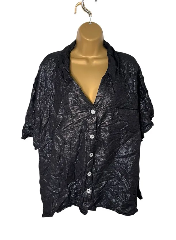 Vintage 90s Maggie Barnes Metallic Short Sleeve Button Front Top Black Combo 5X - Image 1