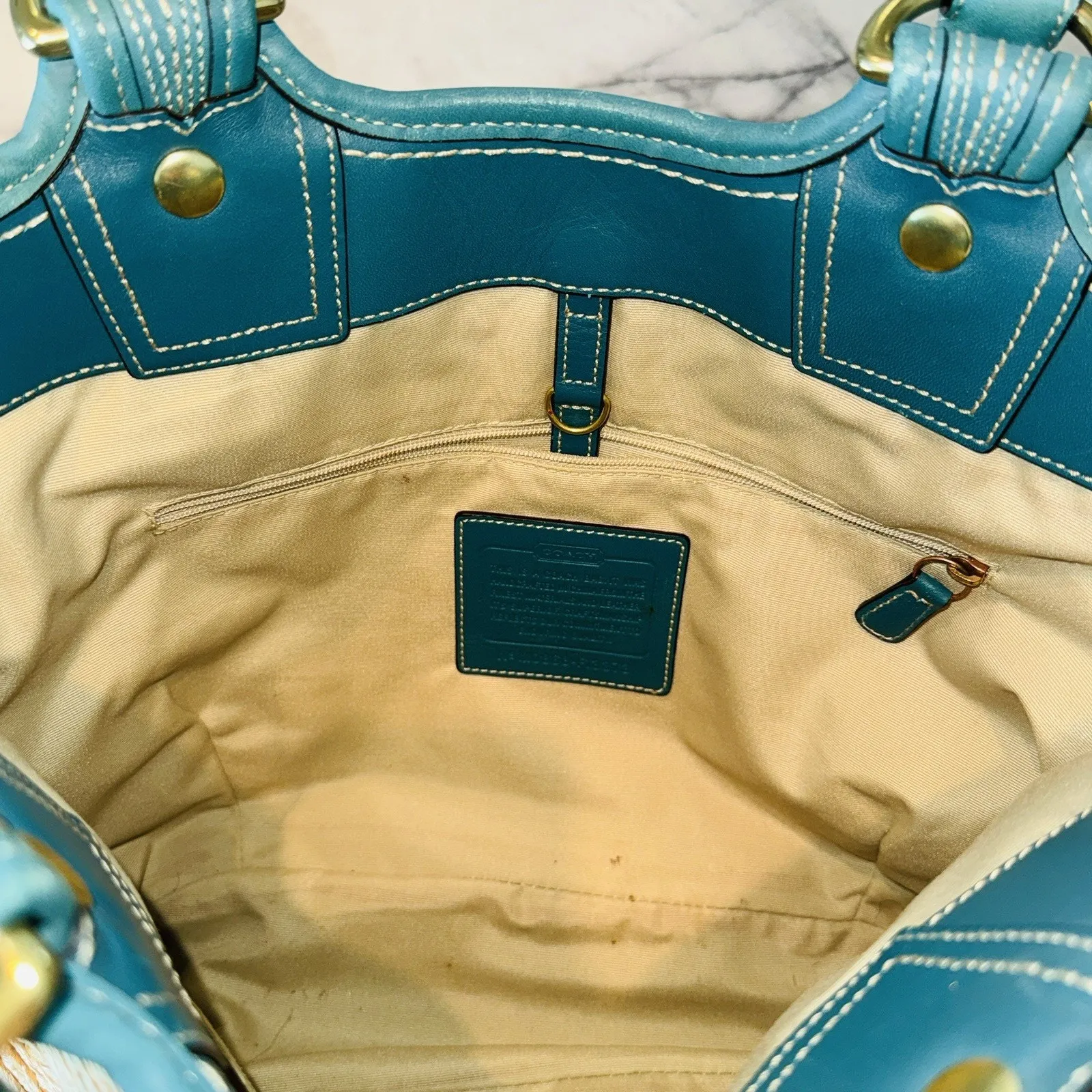 Vintage Coach Bleecker Natural Straw Tote Bag Teal Leather Boho Chic 15x13" Y2K - Image 11