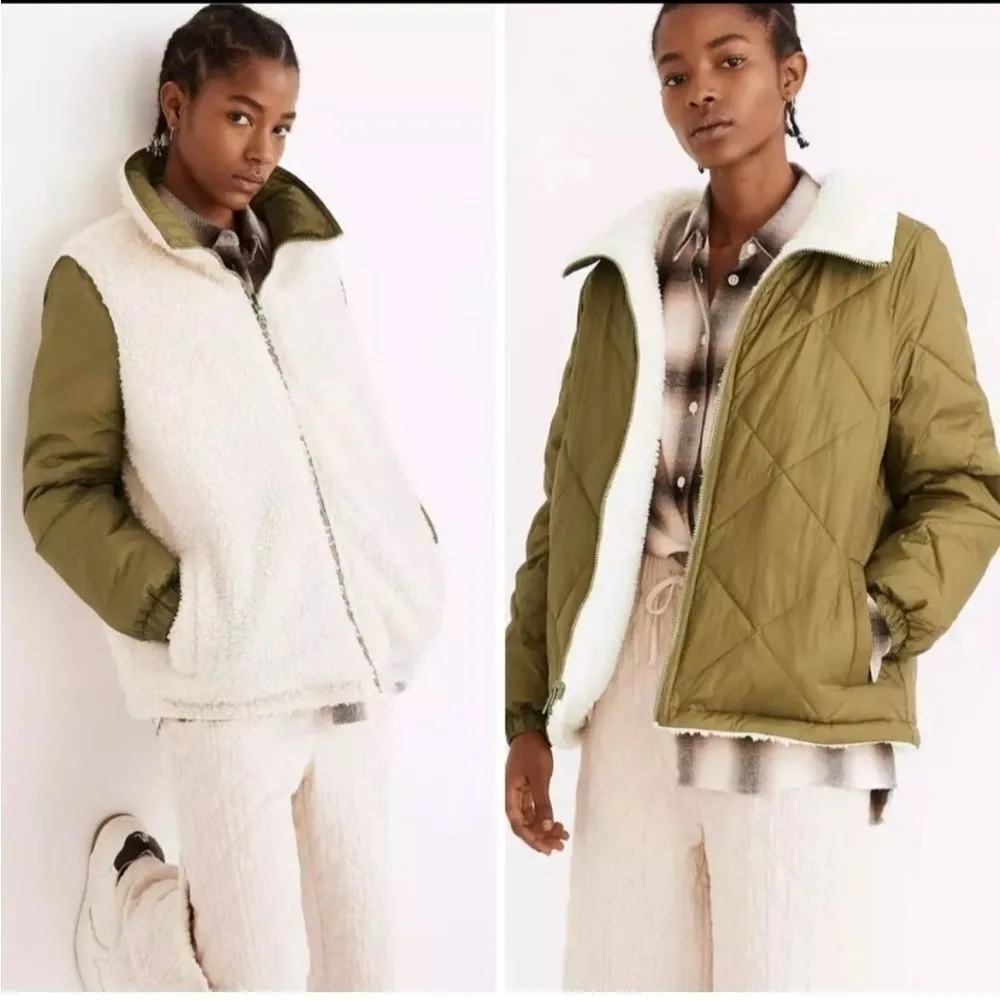 Madewell Jacket Women's XS Green‎ Moss Reversible Sherpa Puffer Coat Quilted NEW - Image 2