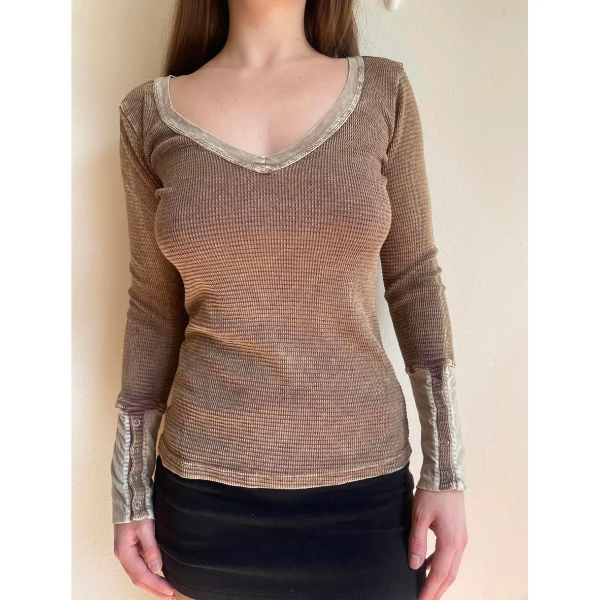 Brown Distressed Ribbed Long Sleep Top Size M - Image 4