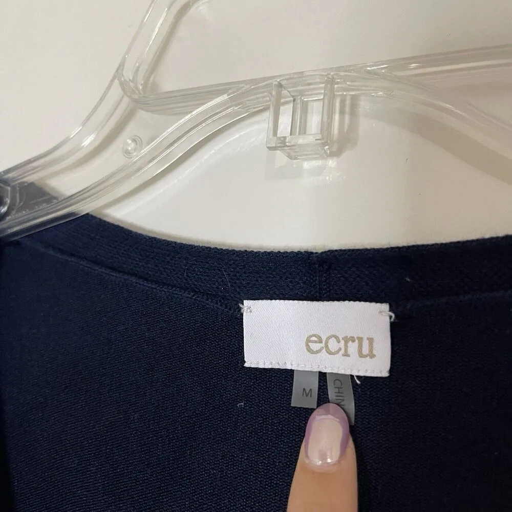 ecru Navy knit vneck silk floral detail back lightweight sweater top size medium - Image 2