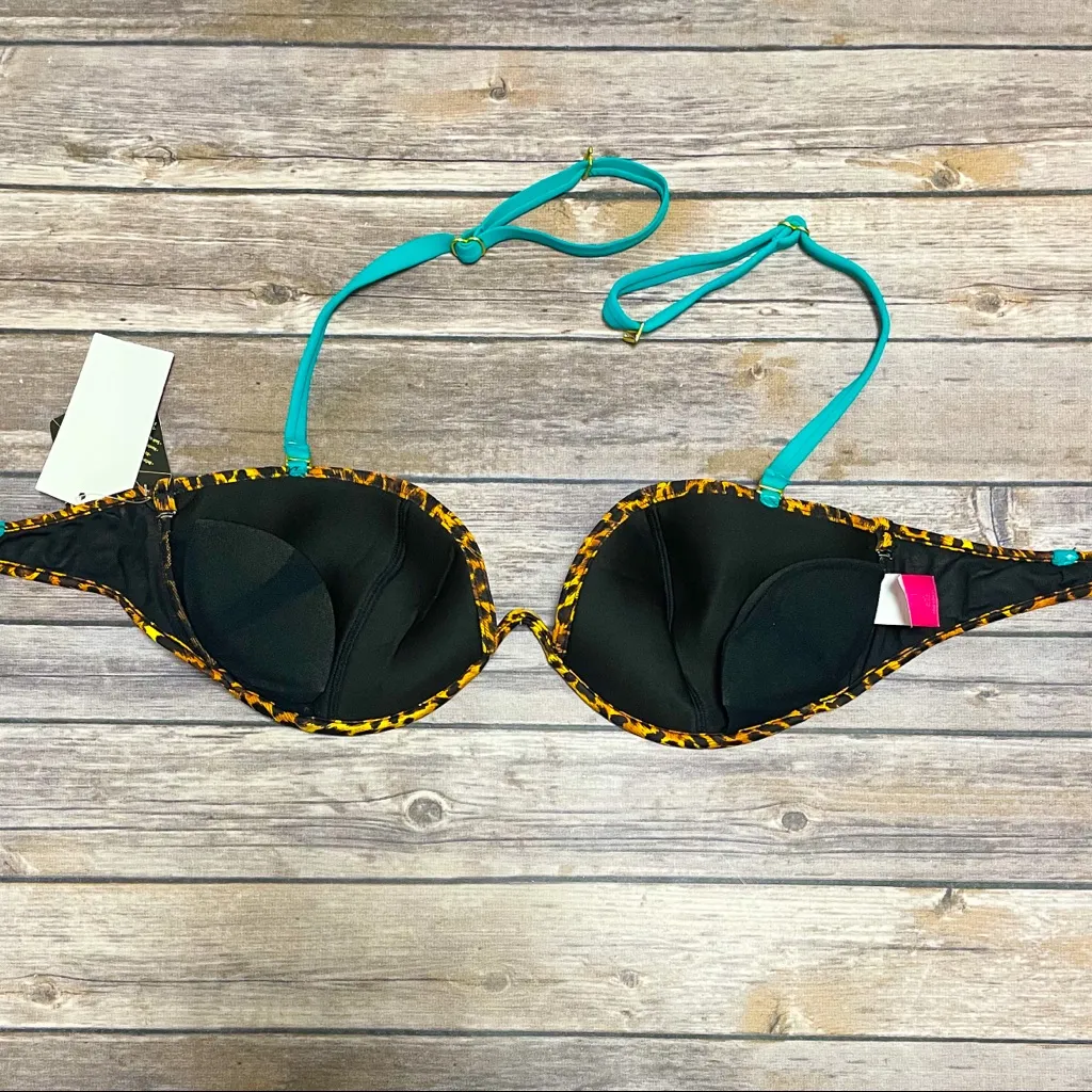 B Swim D Cup Rawr Uniwire Underwire Bikini Top NWT Leopard Teal Removable Straps Tan Size L - Image 7