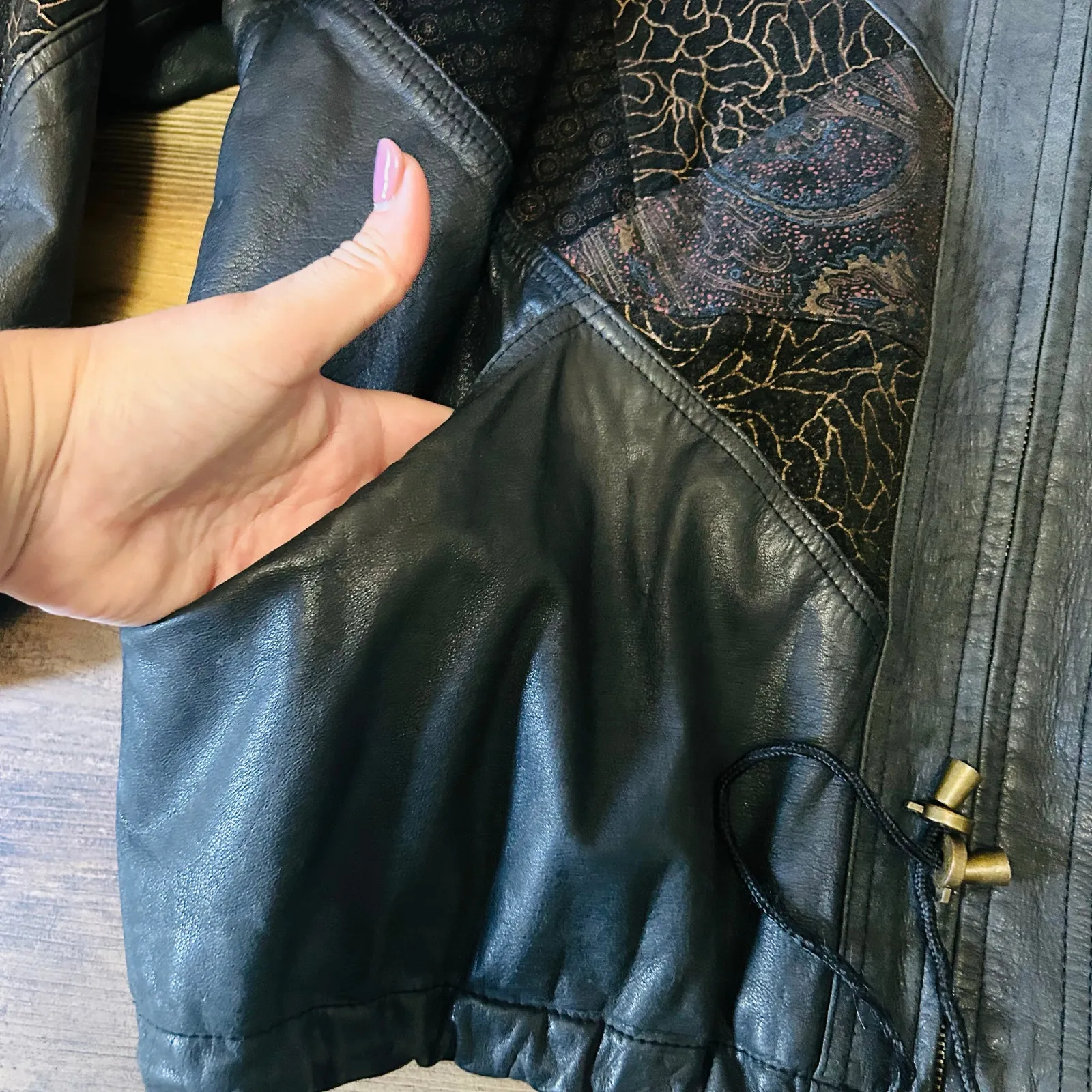 Vintage 80s Black Leather Jacket Metallic Gold Patchwork Suede Large 1990s 1980s - Image 12