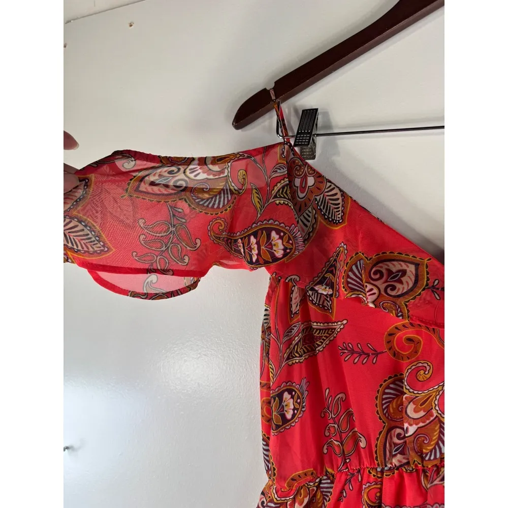 eyeshadow Red Floral Print Dress Ruffle Sleeve Summer Casual Size S - Image 6