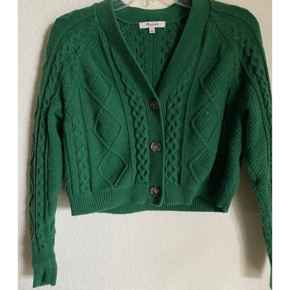Cable Knit Wool Blend Cropped Varsity Green Cardigan XS - Image 3