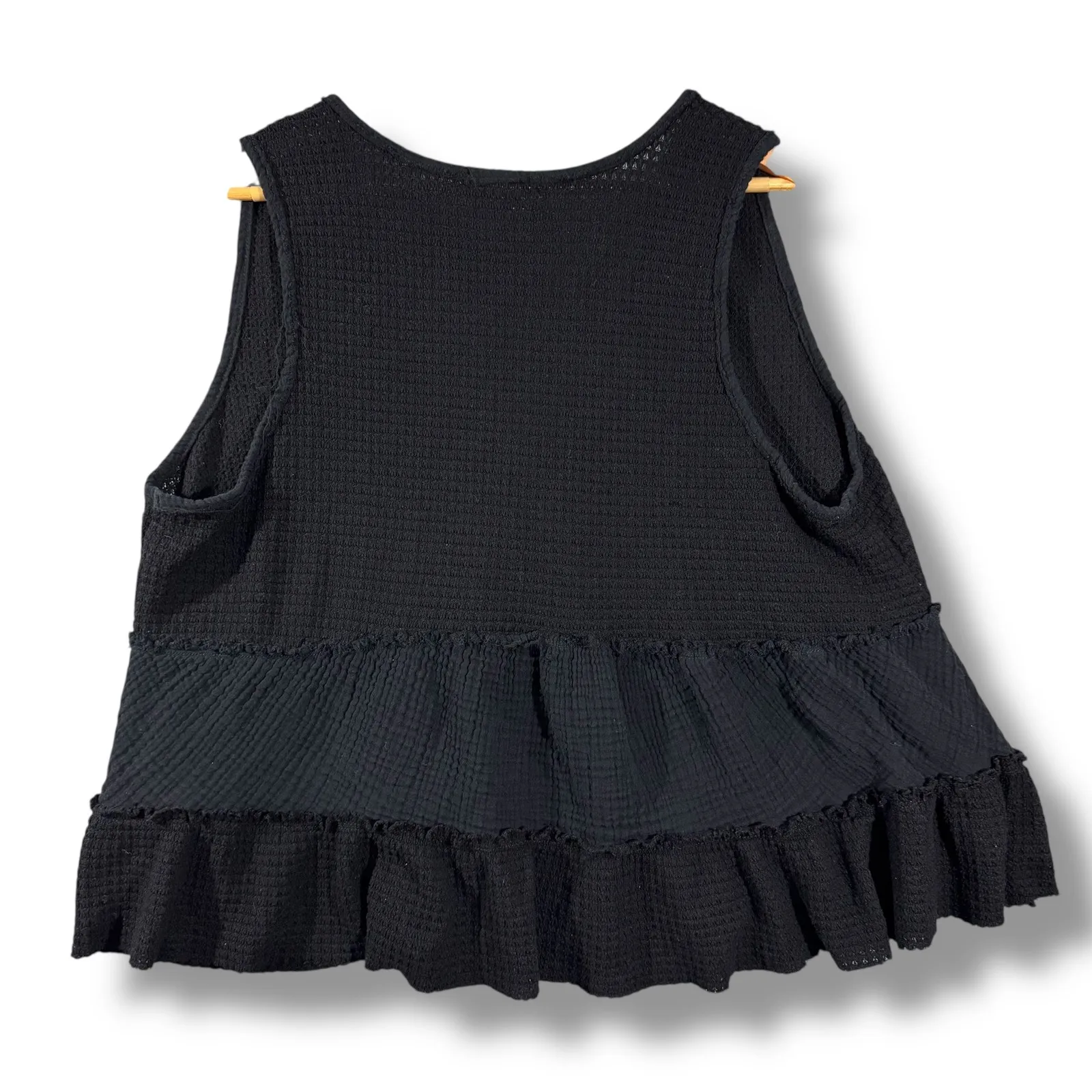 Torrid FESTI Black Waffle Knit Gauze Ruffle Tiered V Neck Tank Top - Image 2