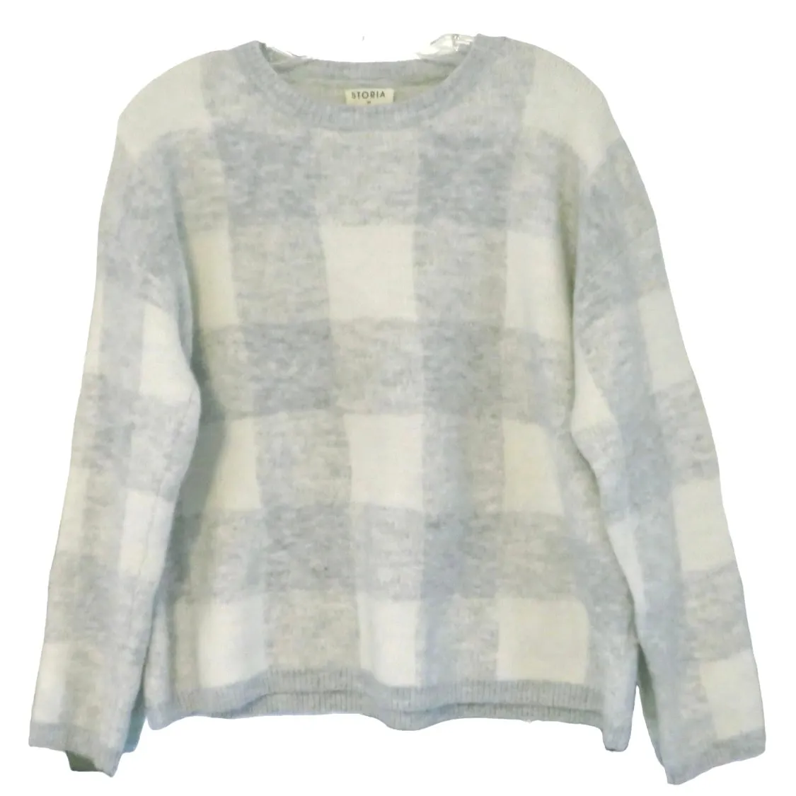 Storia Crew Neck Sweater Pullover Gray & White Checkered Plaid Sweater Medium - Image 3