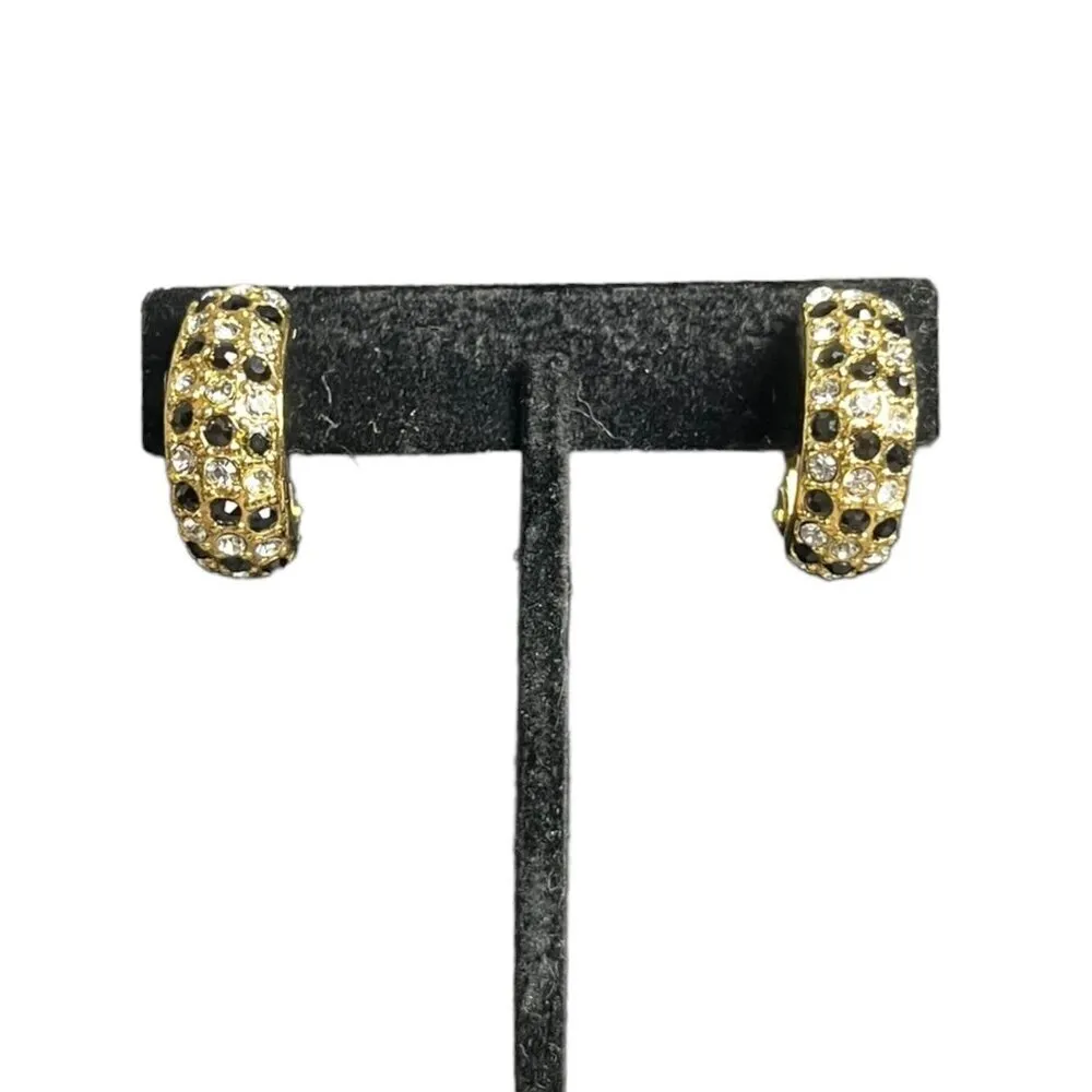 Roman Gold Tone Black Crystal Rhinestone Earrings Half Hoop Huggie Clip On Glam‎ - Image 5