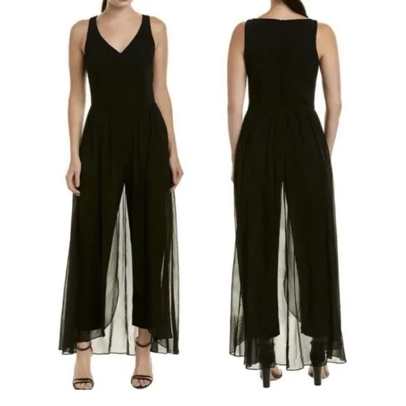 Roz&Ali Black Sleeveless Chiffon‎ Overlap Wide Leg Jumpsuit V Neck sz 6 Wedding - Image 2