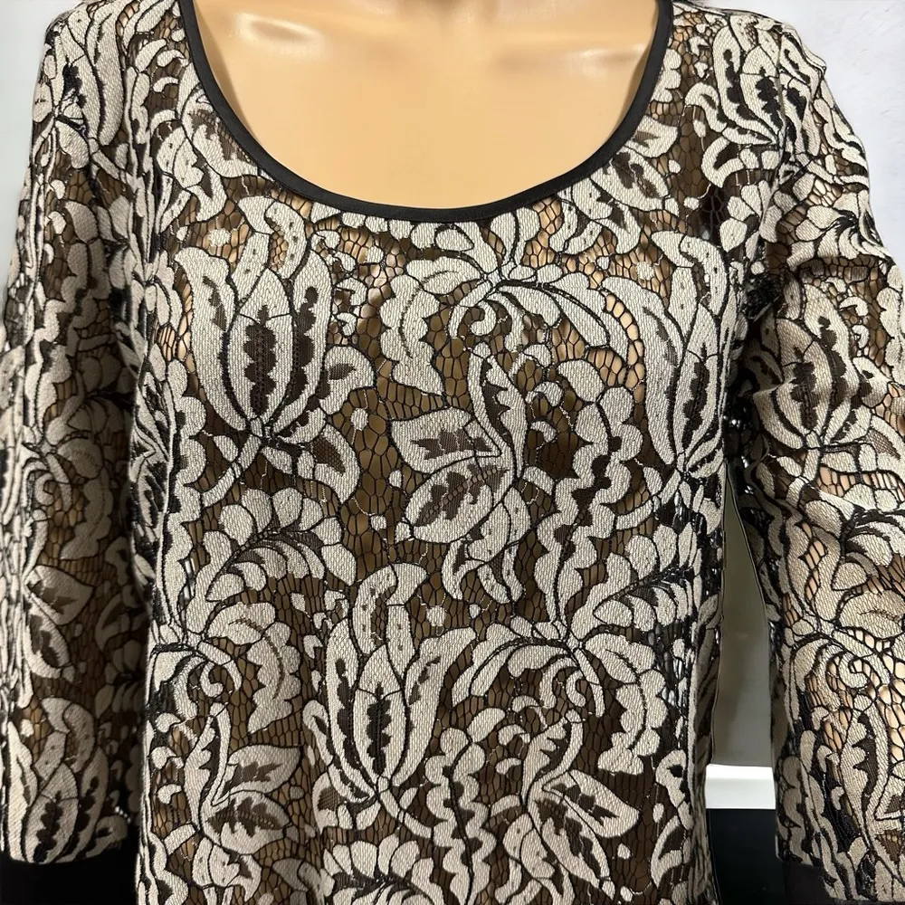 Miilla Lace Semi Sheer 3 Quarter Sleeve Black Tan Coverup Dress Womens Small - Image 2