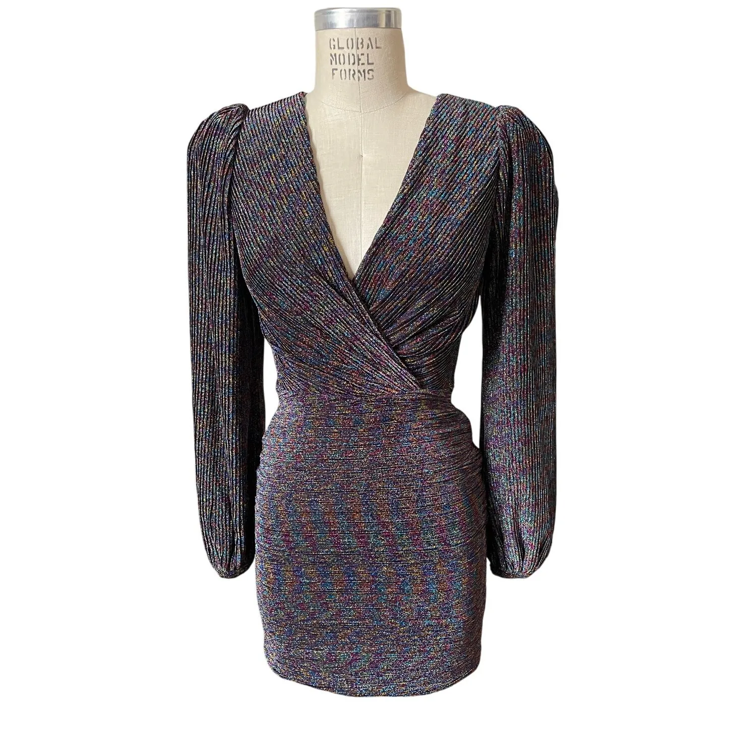 Ronny Kobo Pleated Rainbow Metallic Mini Party Dress Size XS X - Image 3