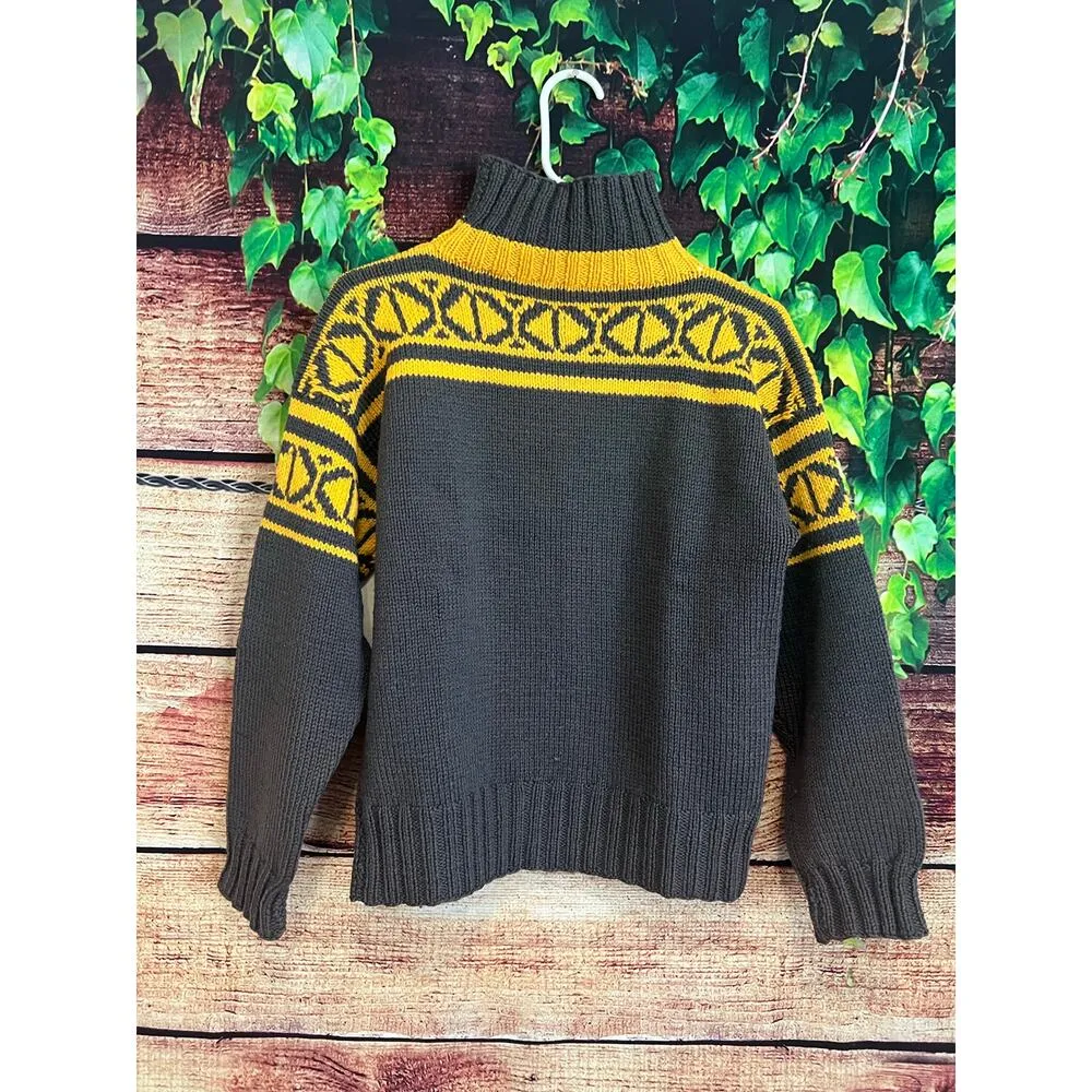 Chunky Knit Ski Sweater Turtleneck Fair Isle Turtleneck Wool Gray Yellow Women L - Image 3