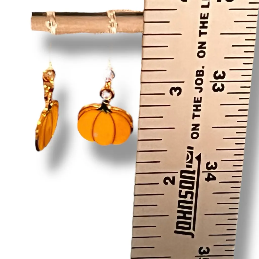 Hypoallergenic Orange Pumpkins Dangle Autumn Fall Gold Metal Enamel Handmade - Image 2