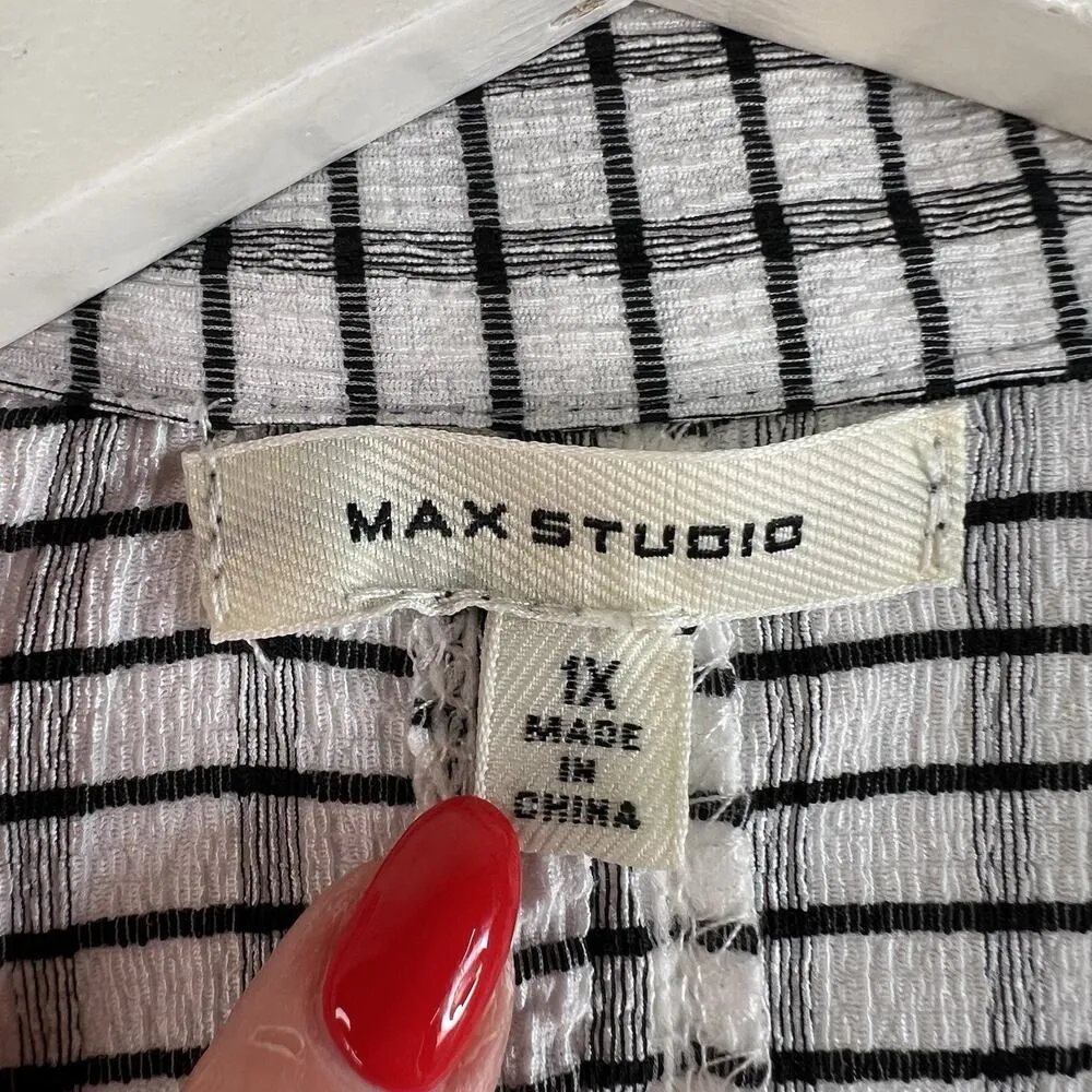 Max Studio 1X Top V-Neck Blouse Tie Neck Crepe White Black Plaid 3/4 Sleeve - Image 7
