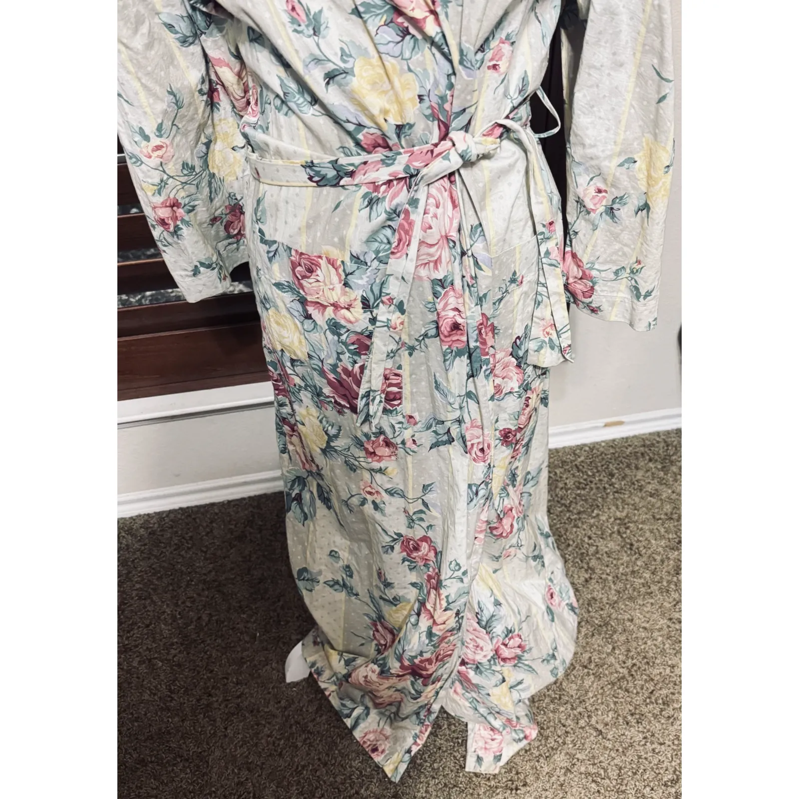 Vintage 80s Robe Women's Hanky Panky floral long belted pockets lounge cottage - Image 3