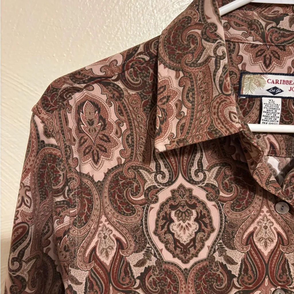 Caribbean Joe Paisley Boho Button Front Blouse XL Neutral Stretch - Image 5