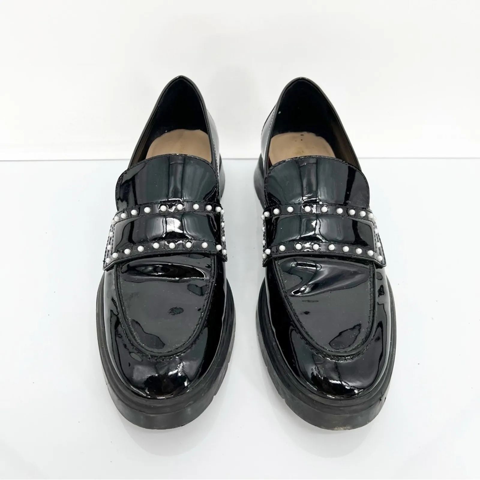 Stuart Weitzman Darcy Faux Patent‎ Leather Pearl Loafer 10.5 Black - Image 2