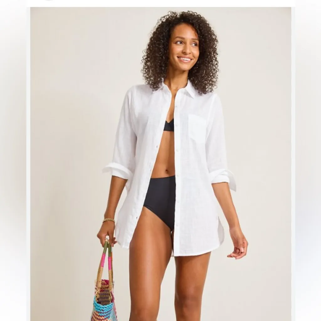 Tommy Bahama Crinkle Cotton Point Collar Long Roll-Tab Sleeve Boyfriend Shirt SM - Image 3