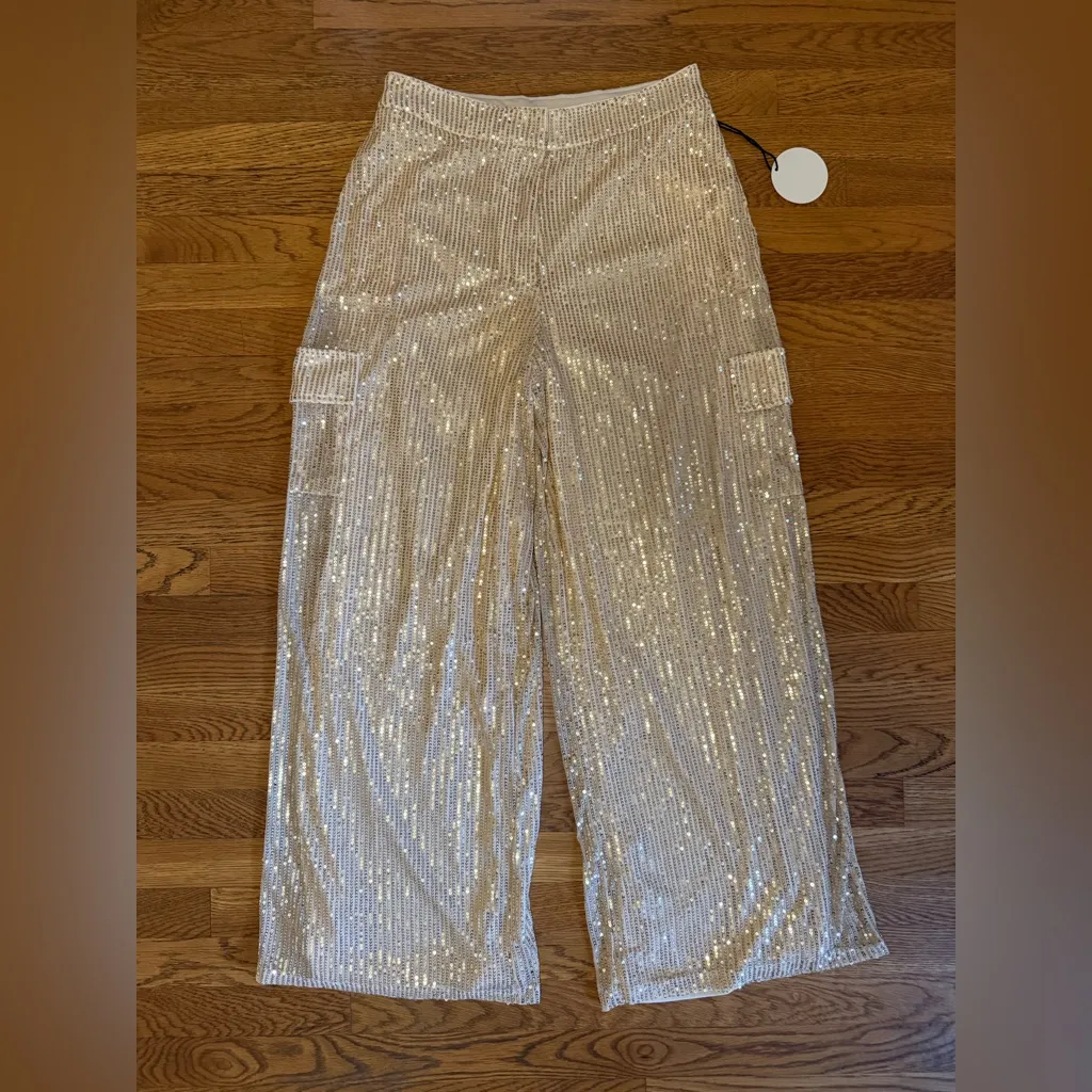 Elegant cream sequined cargo pants size L Size L - Image 7