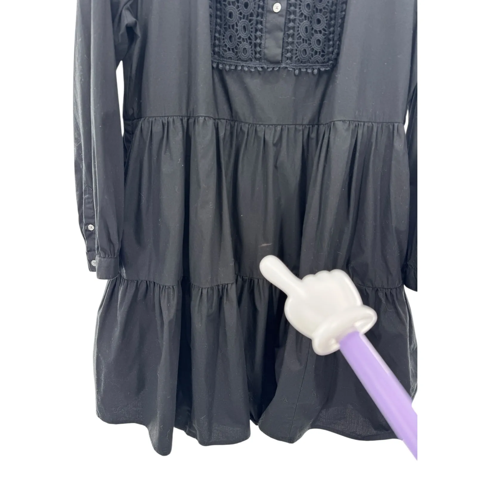 J.Crew Black‎ Eyelet Bib Popover Tiered Cotton Dress Size L Long Sleeve Boho - Image 2