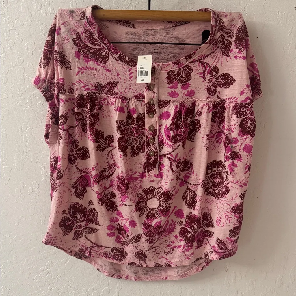 Anthropologie Pilcro Floral Boho Stretch XXS Pink Ruched Henley Tee - Image 3