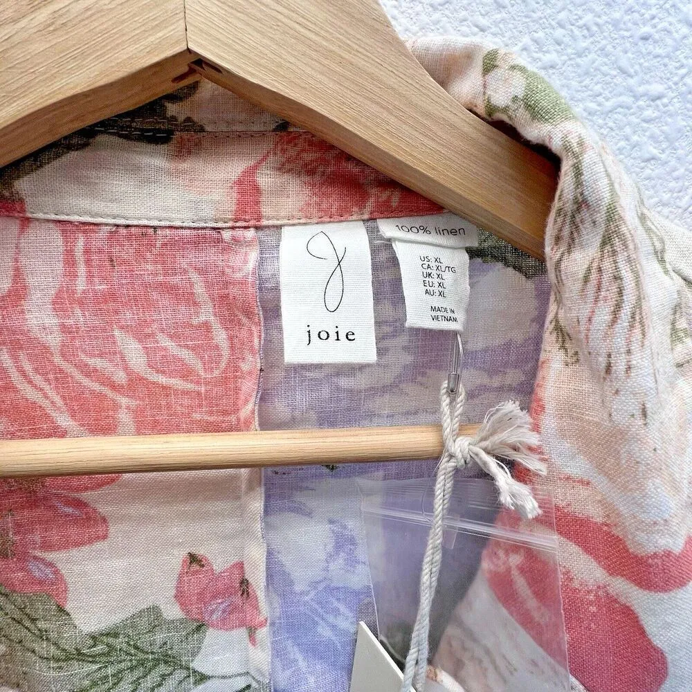 Joie 100% linen Women White Coral Lilac Floral Linen Blazer long sleeve New XL - Image 2