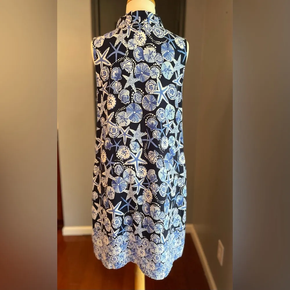 Navy & White Sleeveless Starfish & Shell Print Summer Beach Resort Dress - Image 3