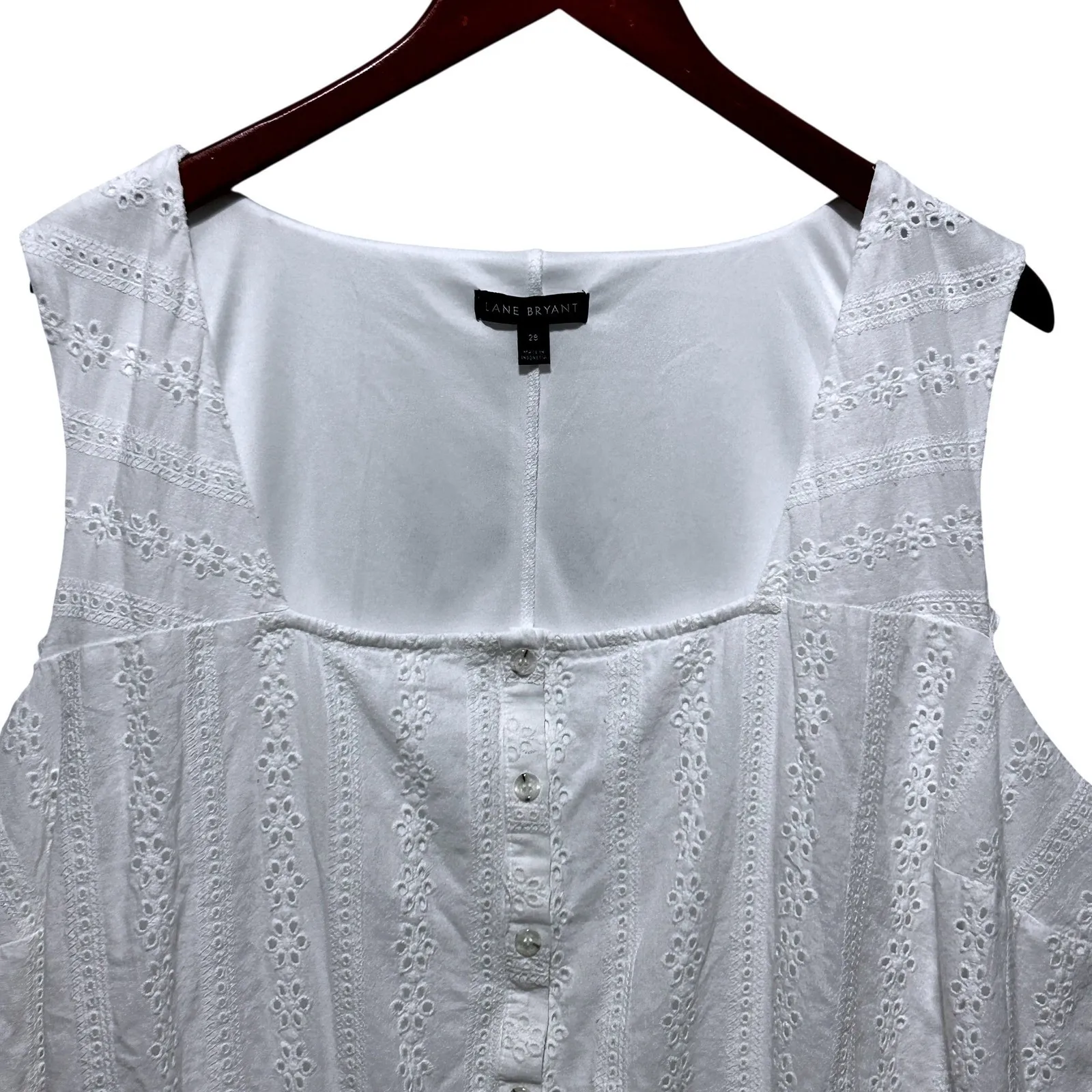Lane Bryant White Eyelet Boho Top 28 Sleeveless Cinched Waist Square Neck Blouse - Image 3