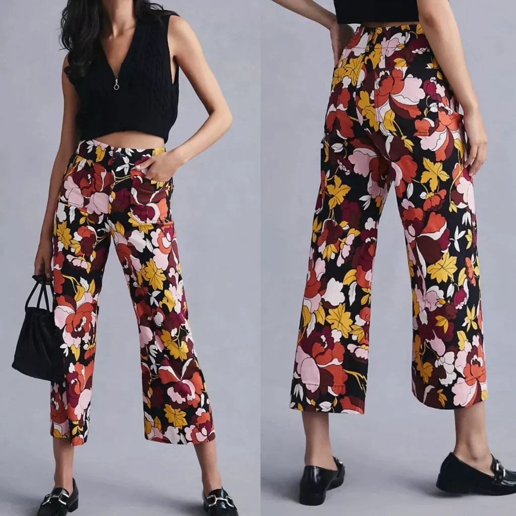 Maeve X Anthropologie The Colette Crop Cropped Wide-Leg Pants Floral Mod Retro - Image 4