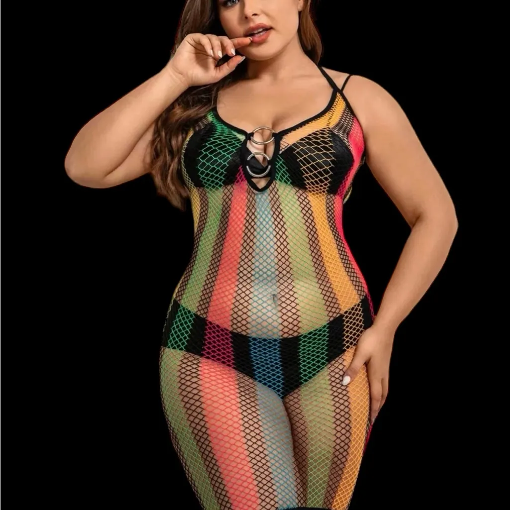 Plus Size Sexy Lingerie Dress ‎ Rainbow Striped Ring Decor Halter Neck Slim Fit - Image 6