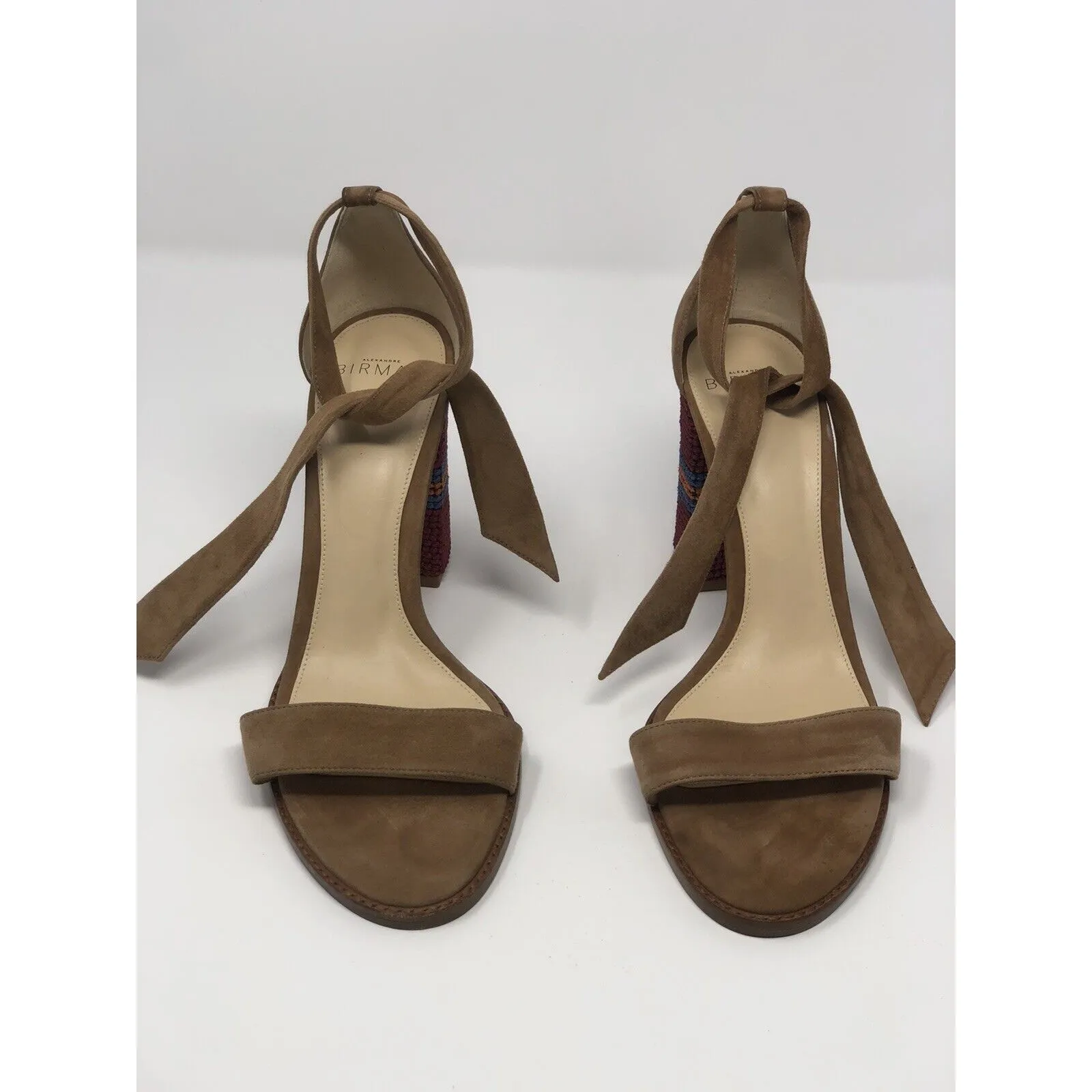 ALEXANDRE BIRMAM Suede Crochet Trim Sandals Elisa 7 1/2 Embroidered Block Heels - Image 2