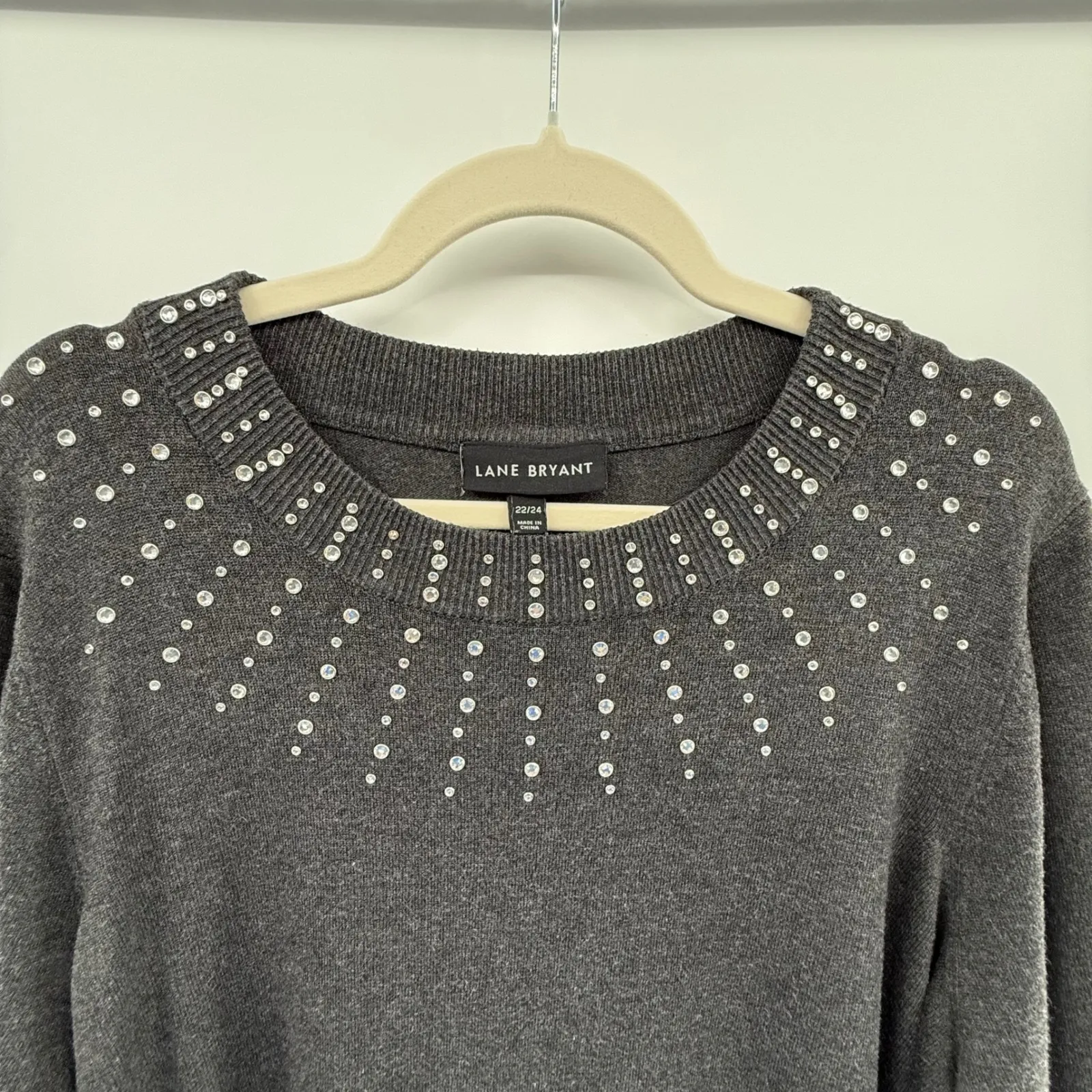 Lane‎ Bryant 22/24 Gray Embellished Rhinestone Sweater Plus Size Holiday Top - Image 3