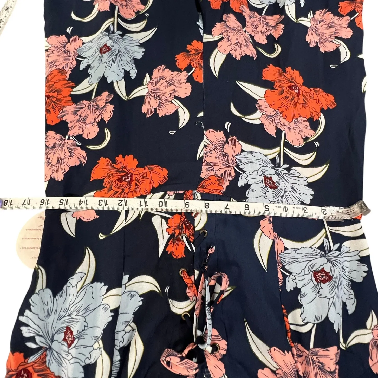 Gypsies & Moondust Jumpsuit XL Navy Blue Floral Lace Up Wide Leg Tropical Boho - Image 8