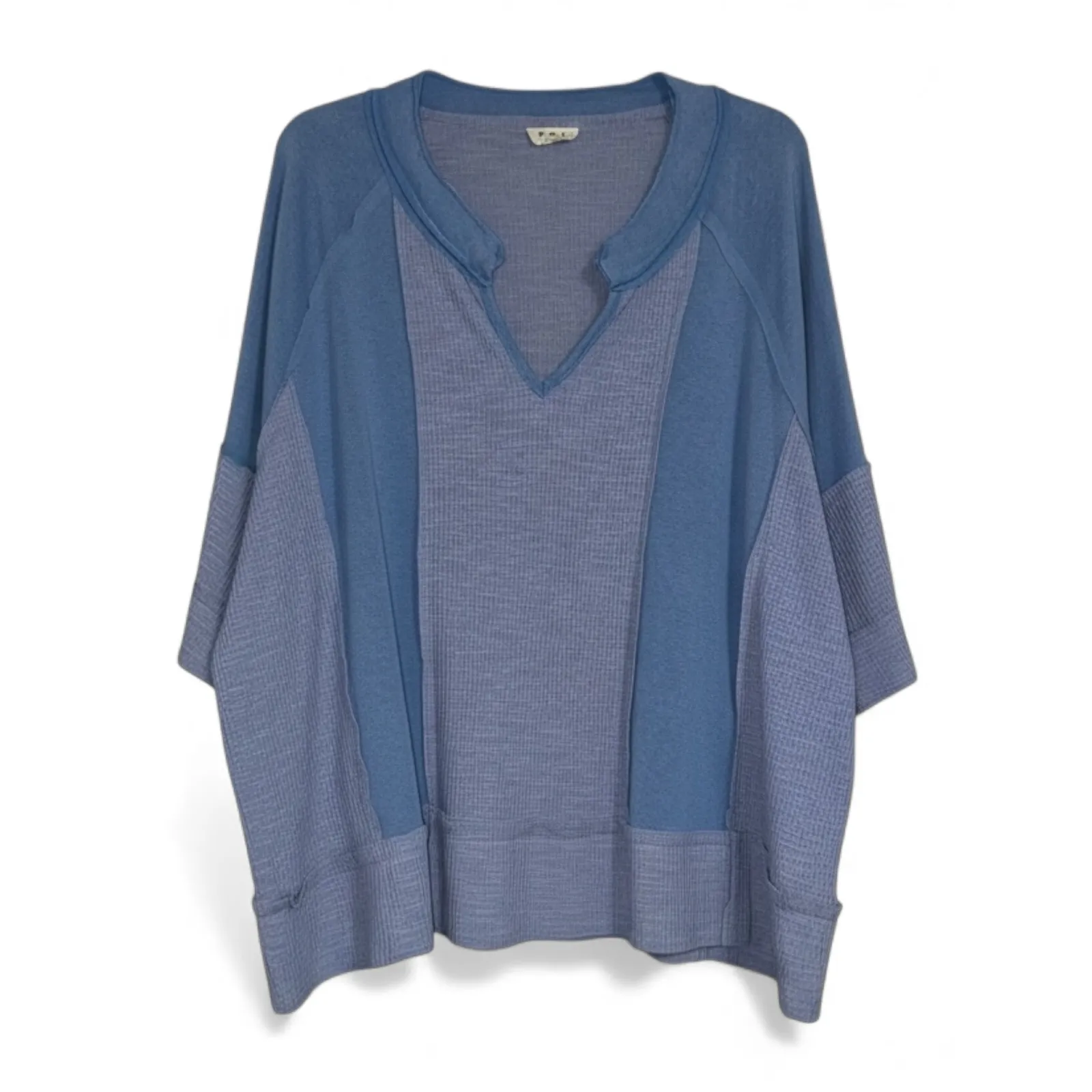 POL Clothing Blue Waffle Knit V Neck Pullover Top Size L FKT1058B - Image 2