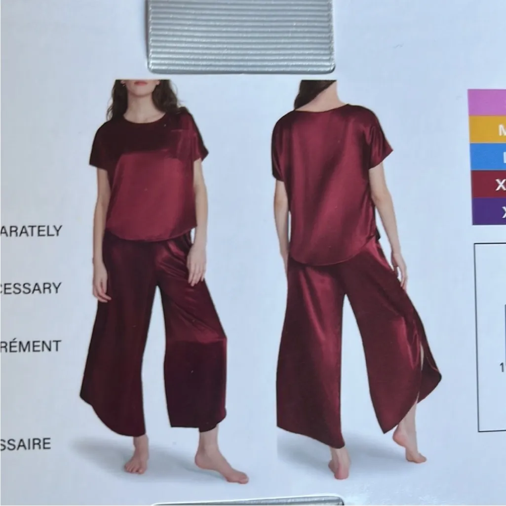 BB Dakota Pajamas Burgundy Silky Satin Loungewear Set Wide Leg Pants Women L New - Image 2