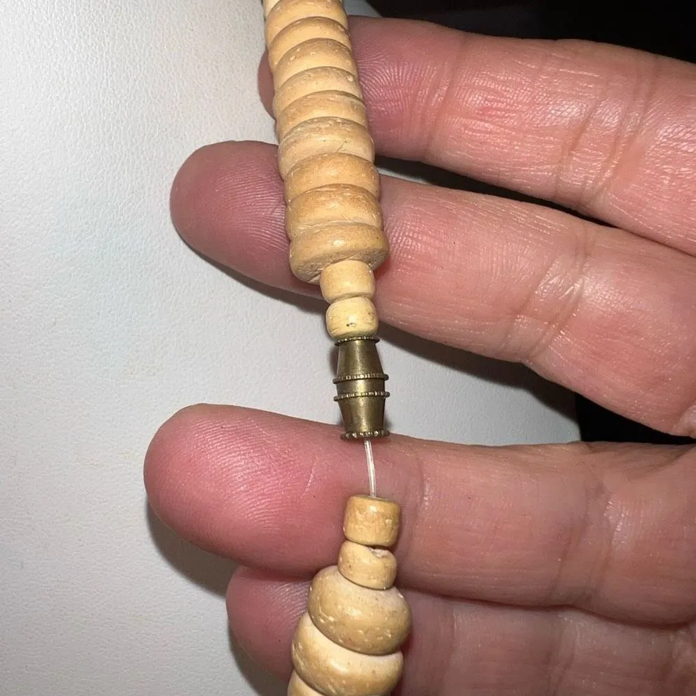 Vintage African Inspired Carved Wooden Animal Bead and Shell Necklace Tan - Image 9