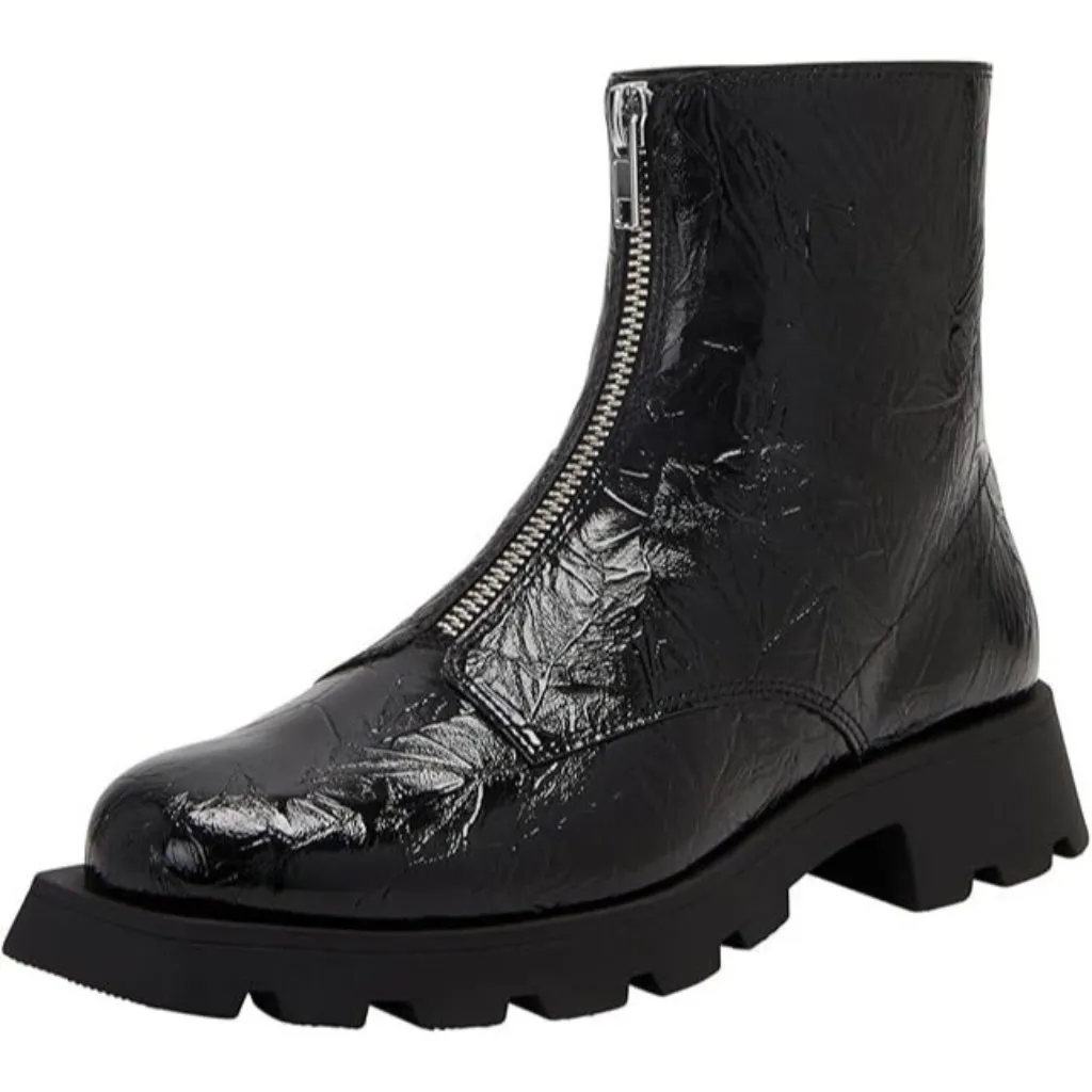 Katy Perry Combat Boot Square DAARLING Wrinkle Black Leather Front Zip Black 5.5 - Image 1