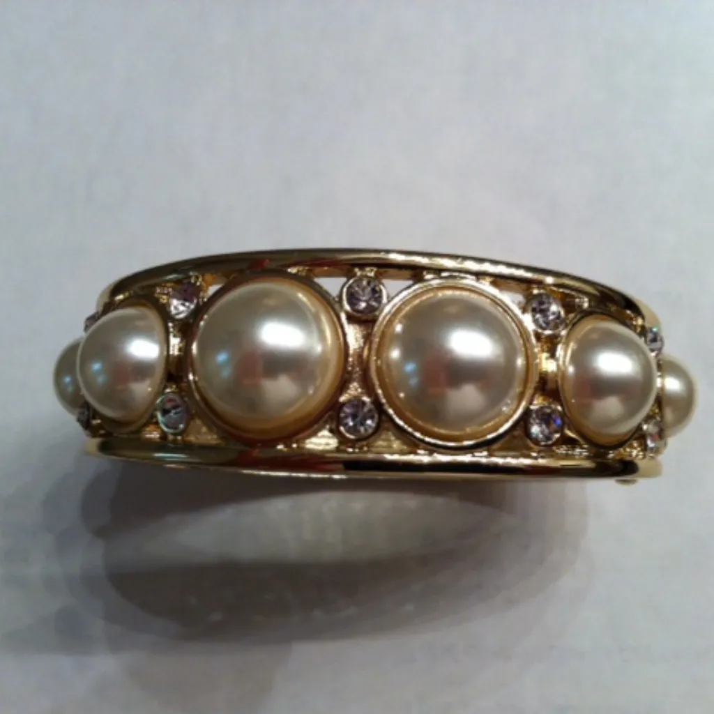 Vintage Chunky Gold Tone Rhinestone & Faux Pearl Statement Clamper Bracelet - Image 2