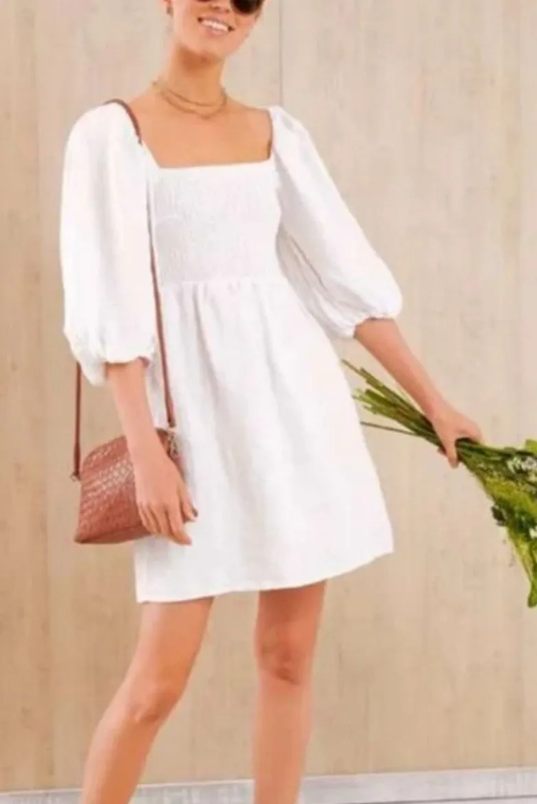Tuckernuck Annie Smocked Puff Sleeve Dress Size Small White 100% Linen Elegant - Image 1
